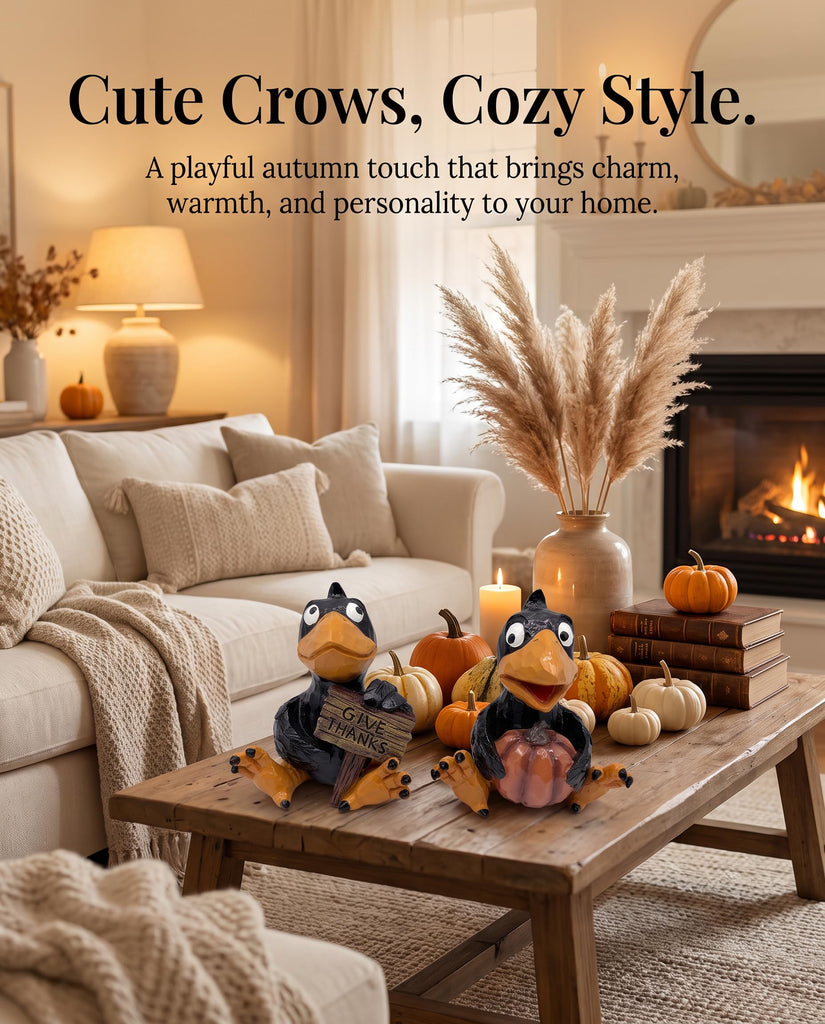 Set of 2 Thanksgiving Crow Figurines, Resin Fall Tabletop Decor with Pumpkin and Give Thanks Sign, Black Bird Shelf