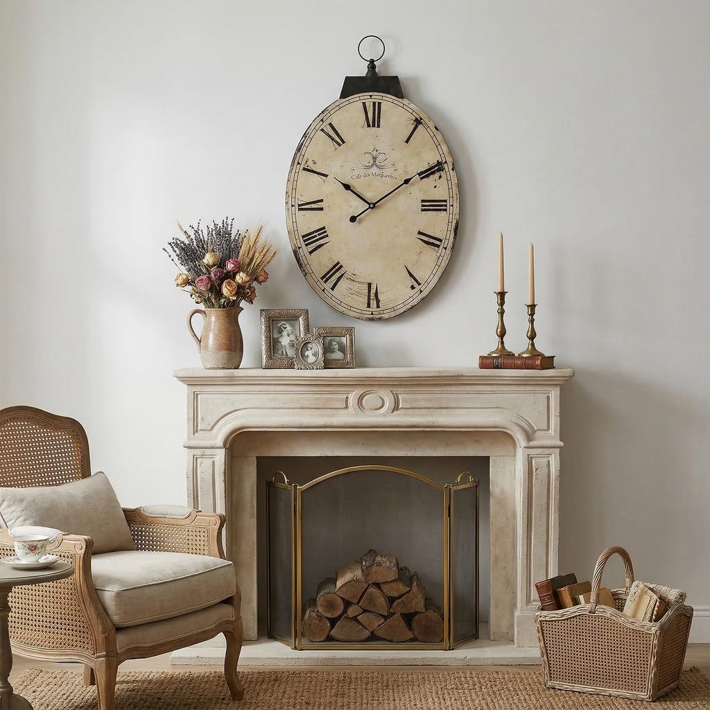 29 Inch Vintage Yellow Oval Wall Clock, Silent Non-Ticking Quartz Battery Operated Wall Clock, Large Roman Numerals