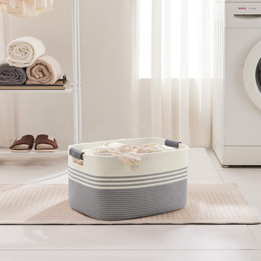 45L Small Woven Laundry Basket Hamper with Leather Handles,Grey