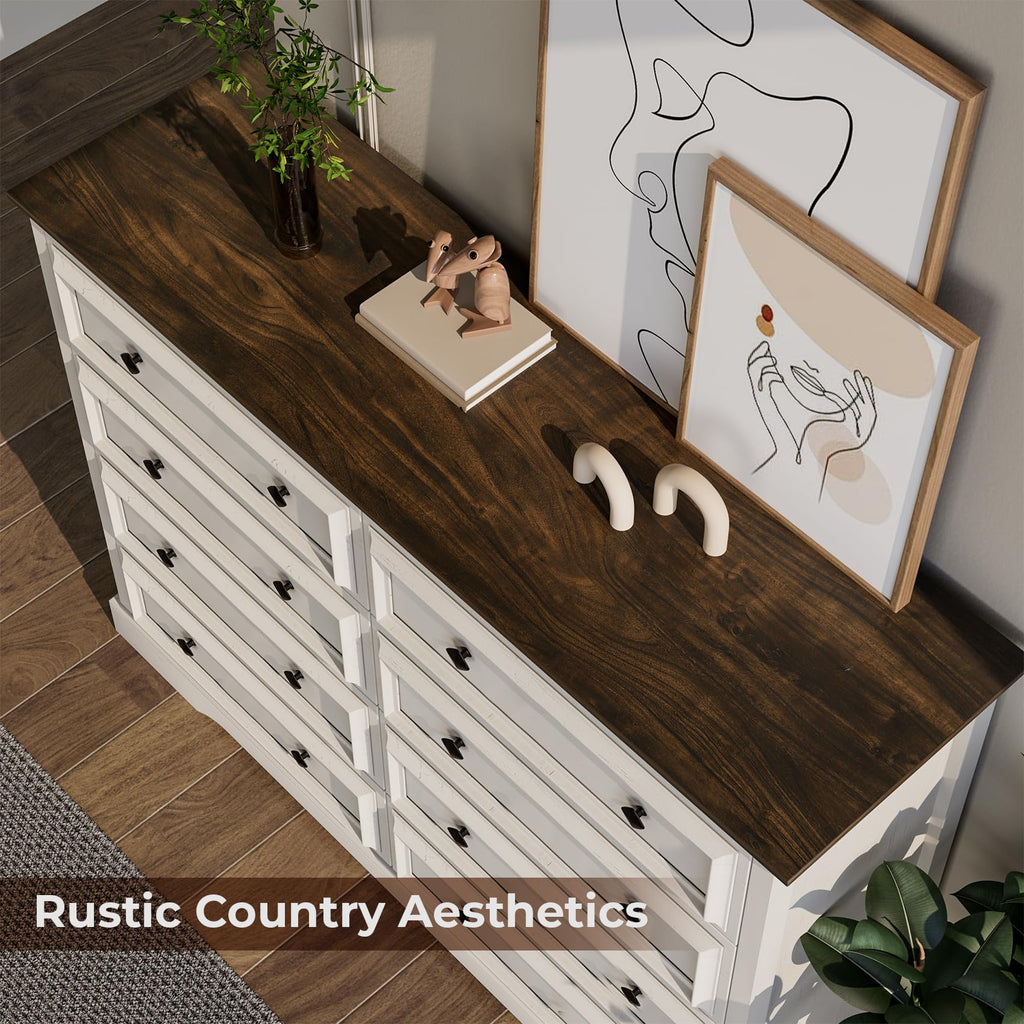 Farmhouse 8 Drawer, 54" Wide Wood with Natural Texture, Vintage Metal Double Hand Knobs, Rustic Chest of Drawers