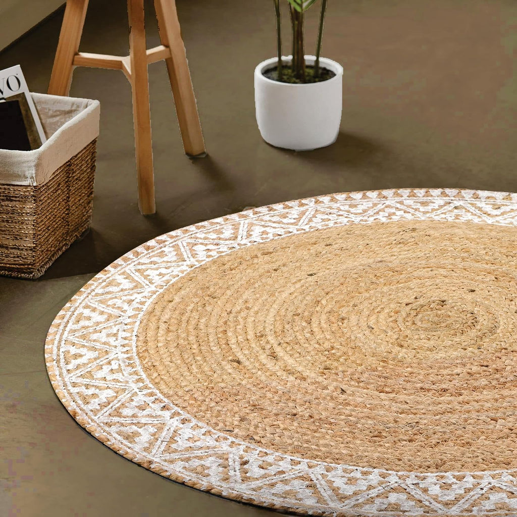 Premium Natural Jute Braided Area Rug, 6-feet Round, White Printed Border, Stain Resistance, Natural Handmade Rug s