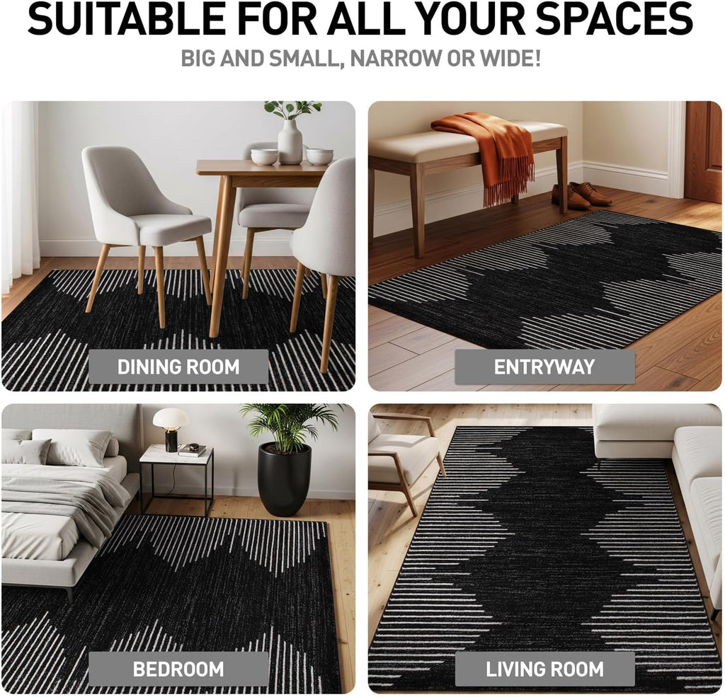 Bohemian Stripe Stain Resistant High Traffic Kitchen Dining Area Rug 12' x 15' Black