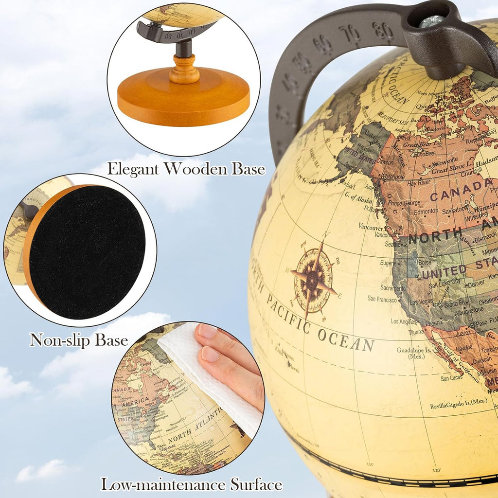 6" World Globe, Mini Antique Globe with Metal Stand, Non-slip Wooden Base & Geographic Markings, Decorative Desktop