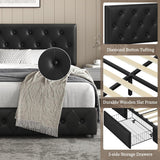 Queen Bed Frame Upholstered Bed Frame with Adjustable Diamond Button-Tufted Headboard/3 Drawers Storage