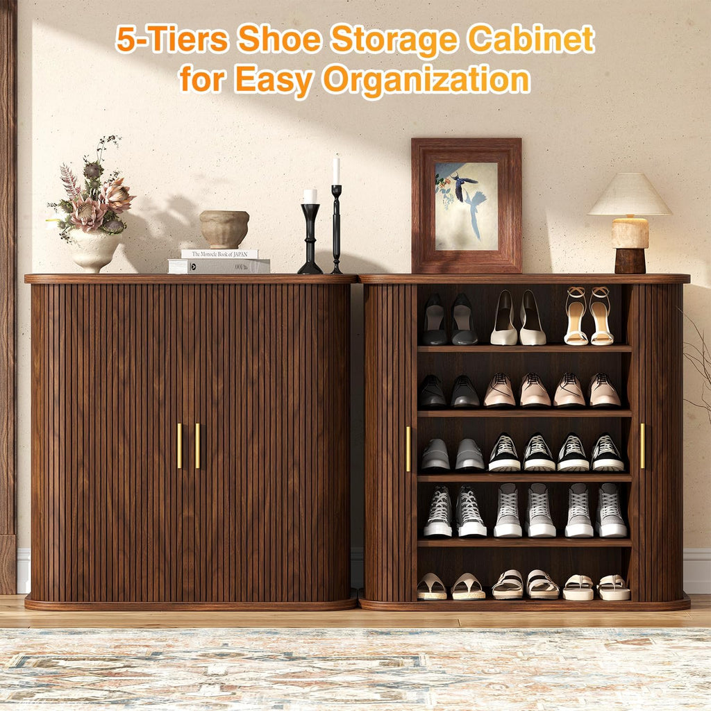 Shoe Storage Cabinet with Sliding Doors, 5-Tier Wood Shoe Cabinet , Adjustable Shelves Freestanding Shoe Organizer