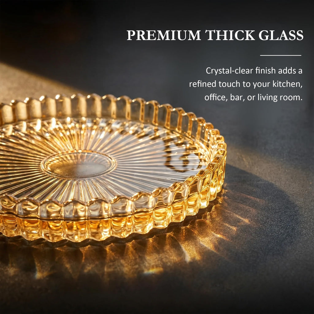 Champagne Modern Clear Coaster 6-Pack Glass Coasters for Drinks with Holder