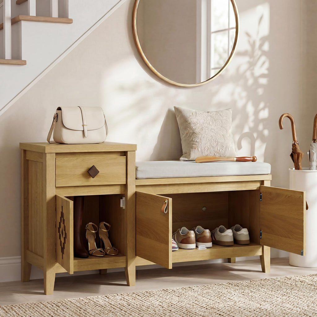 Entryway Bench with Storage, 3 in 1 Storage Bench with 1 Drawer and 2 Cubbies, 44" Rustic Wooden Seat with Cushion