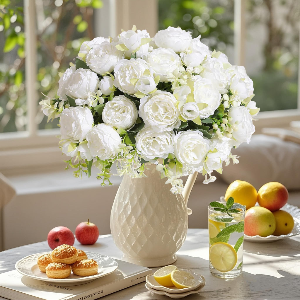 Peonies Artificial Flowers 12 Bouquets, White Flowers Lifelike Silk Fake Peonies with Stems Table Centerpieces