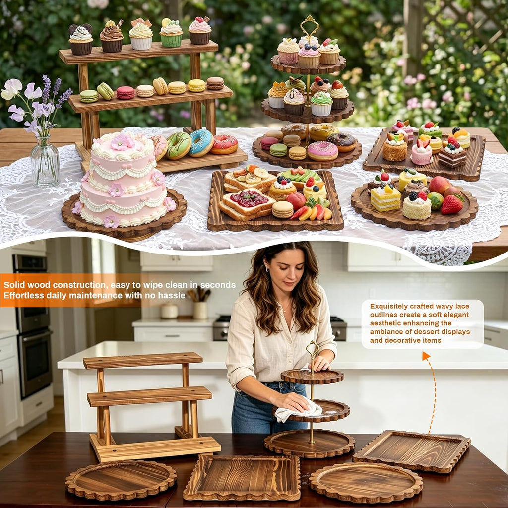 Set of 6 Wooden Dessert Display Table Set with 3-Tier Cupcake Stand | Round/Flat Platter, Cake Stand Rotating Tray