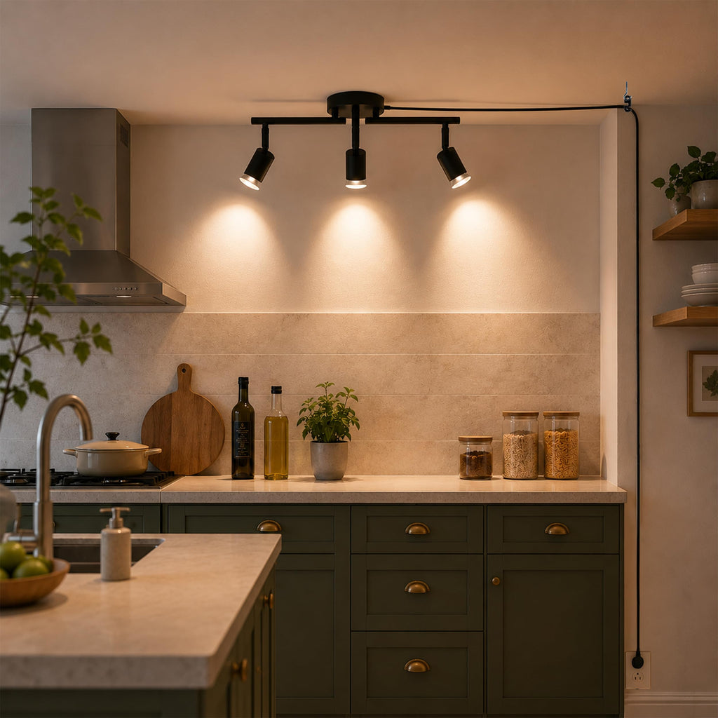 Plug in Track Lighting,Plug in Ceiling Light Fixture,Balck 3 Light Track Light with 16.4' Long Cord,3 Way Ceiling