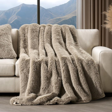 Luxury Faux Fur Throw Blanket, 50"x60", Natural Mink | Fluffy Faux Mink Blanket, Soft Cozy Plush, Thick Warm Winter