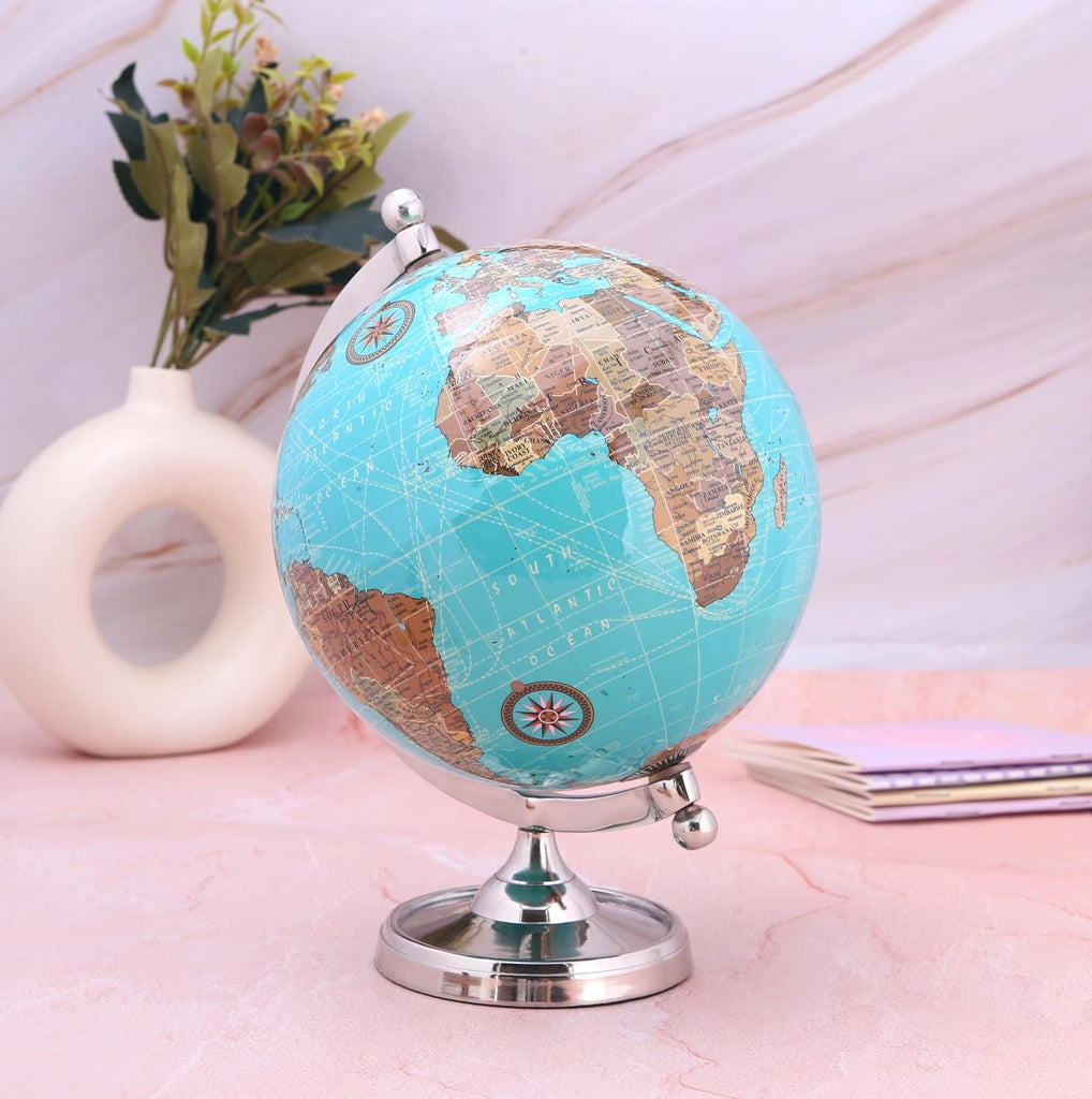 Earth Light Blue Rotating Globe of The World with Silver Stand (NOT PLASTIC!) for Bookcase Shelf Decorative Home Desk