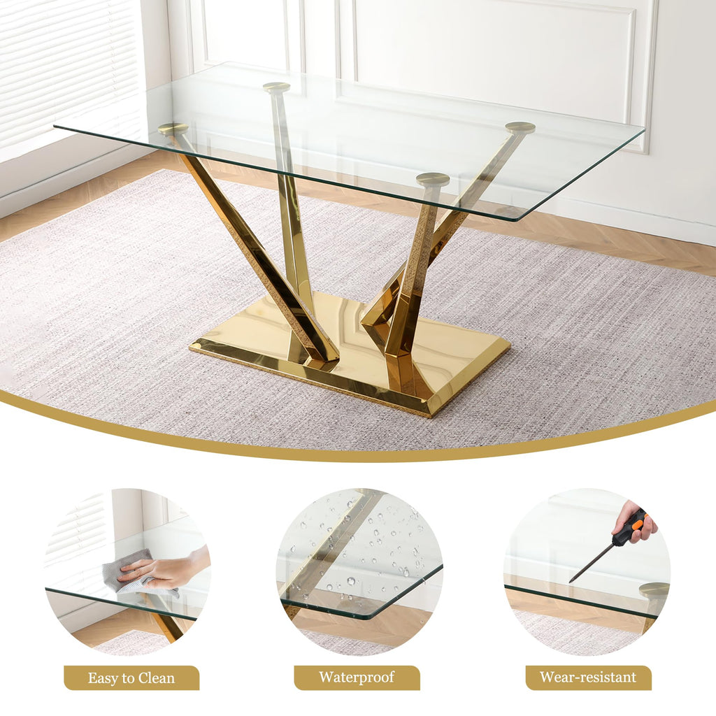 63'' Rectangular Glass Dining Table for 4-6, Luxury Kitchen Table with Tempered Glass and Aesthetic Gold Stainless
