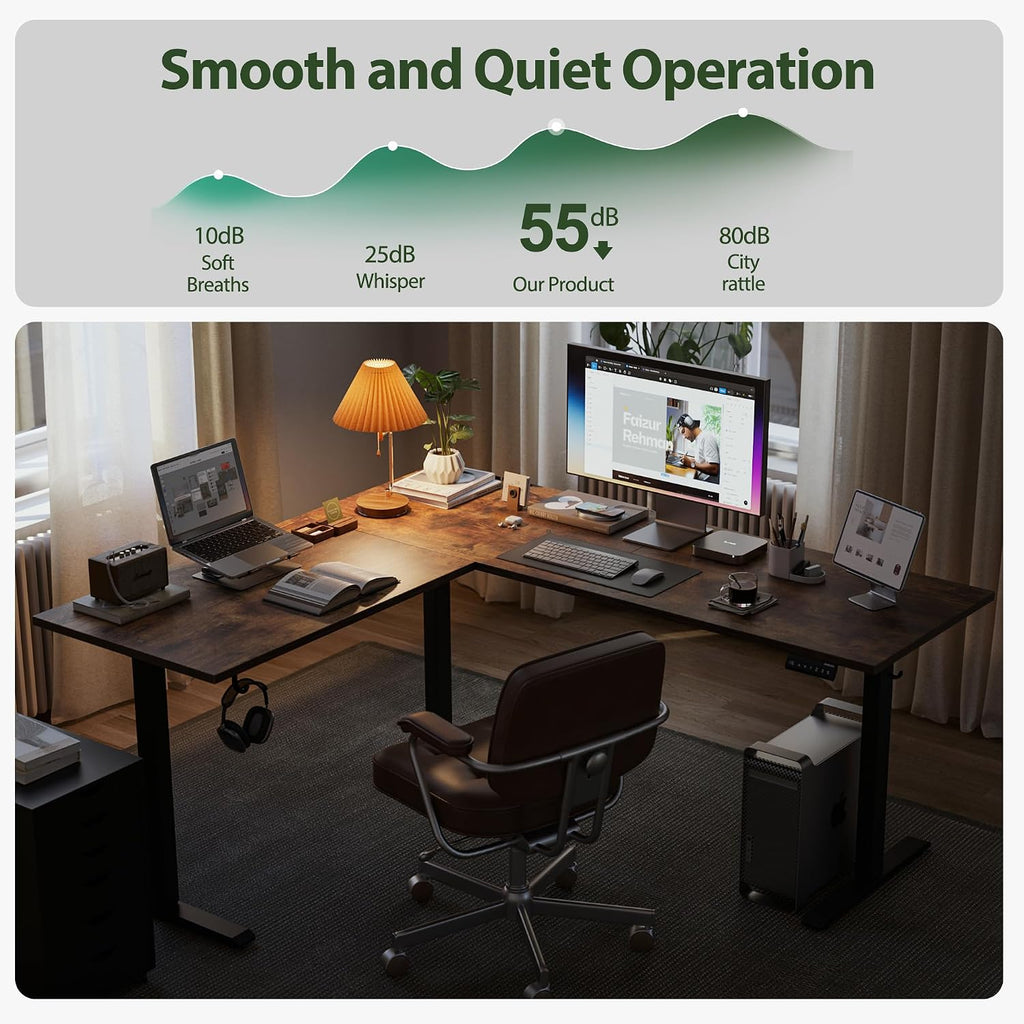 63 x 55 Inch L Shaped Electric Standing Desk, Rustic Brown | Corner Desk, Ample Workspace, Memory Presets, Hooks