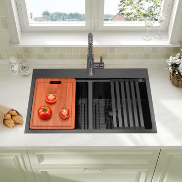 33 Inch Black Drop Sink, Spacious 33 x 22 Drop Sink 50/50 Double Bowl, 16 Gauge Handmade Black Stainless Steel