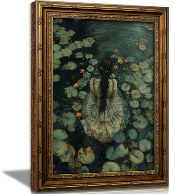 Vintage Gold Framed Gothic Wall Art, Moody Ophelia Lotus Pond Oil Painting Canvas Print, Victorian Women portrait