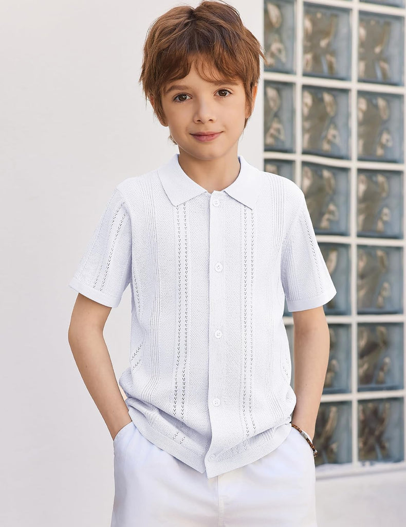 Boys Knit Casual Button Down Shirt Short Sleeve Dress Shirt