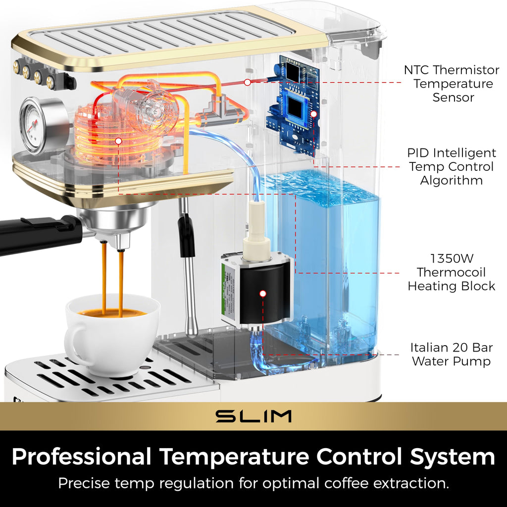Slim Espresso Machine with Milk Frother Latte, White & Gold
