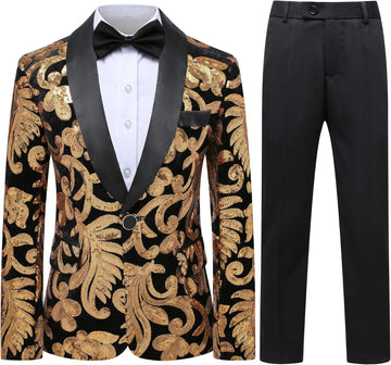 Boys Tuxedo Suit 2 Pieces Shiny Formal Blazer Pants Set