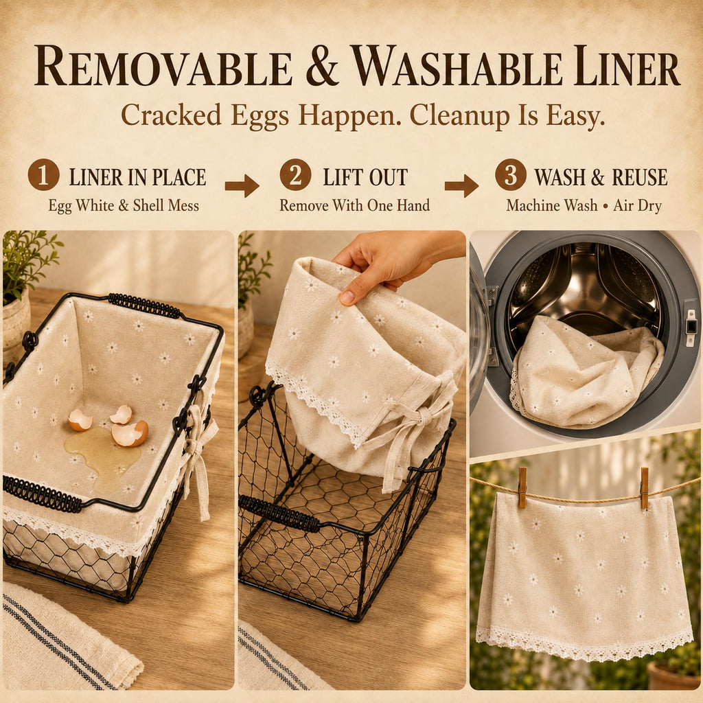 Farmhouse Vintage Metal Wire Chicken Egg Basket with Handle, Square Storage Basket with Removable Linen Liner