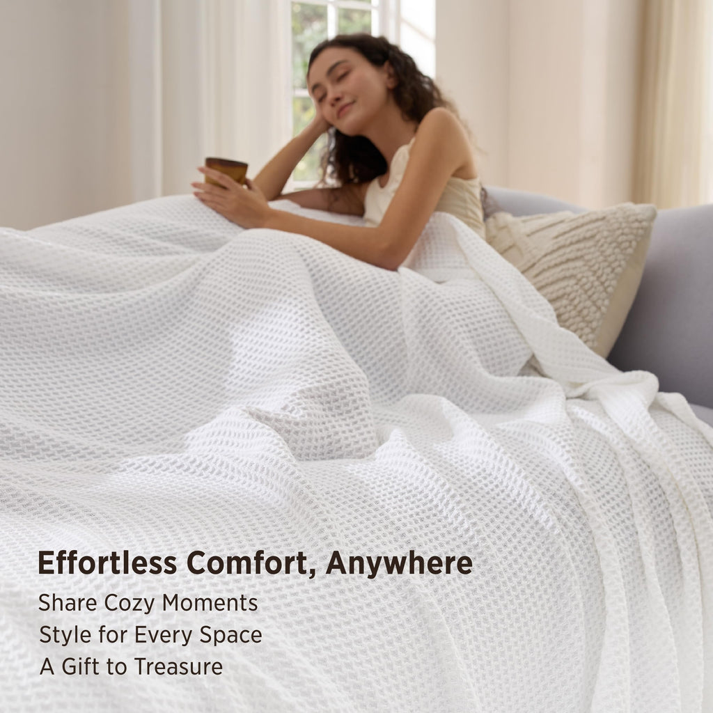 100% Cotton Blanket, Waffle Weave, White, 90"x90"