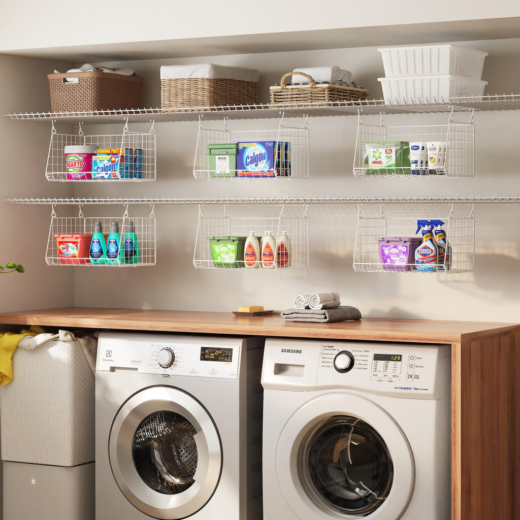 3-Tier Hanging Laundry Basket Organizer:Foldable Wire Shelf Laundry Room Organizer with 360°Rotating Hooks Small