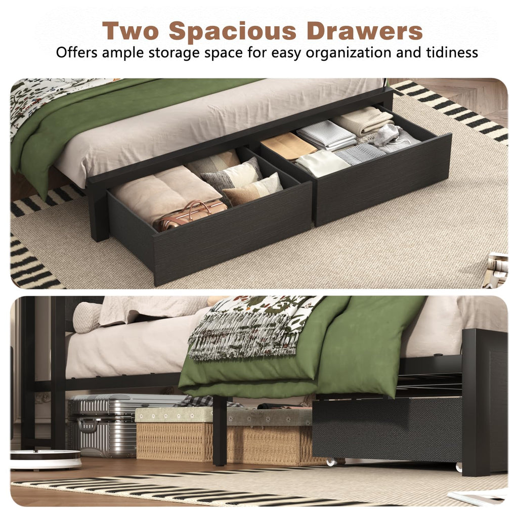 Farmhouse Bed Frame with Bookcase Storage Headboard, Charging Station, LED Light and 2 Storage Drawers, Noise