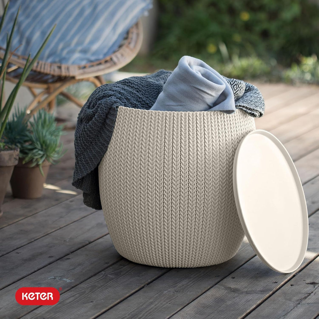 Urban Knit Pouf Ottoman Set of 2 with Storage Table and Room Décor-Perfect for Balcony, Deck, and Outdoor Seating