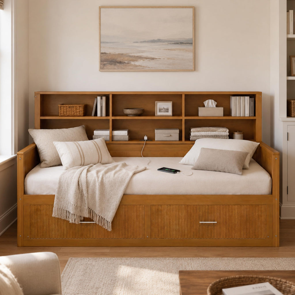Twin Size Daybed with Storage Shelves Bookcase and Drawers, Walnut