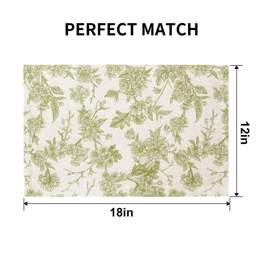 Boho Table Placemats Set of 6, 12"x18" Linen Place Mats, Green Blooms
