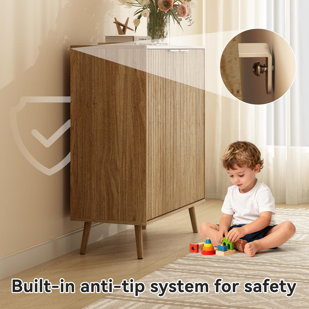 5-Tier Shoe Storage Cabinet with Adjustable Shelves, Natural Oak丨Fluted Shoe Cabinet Set of 2 with Doors, Wooden