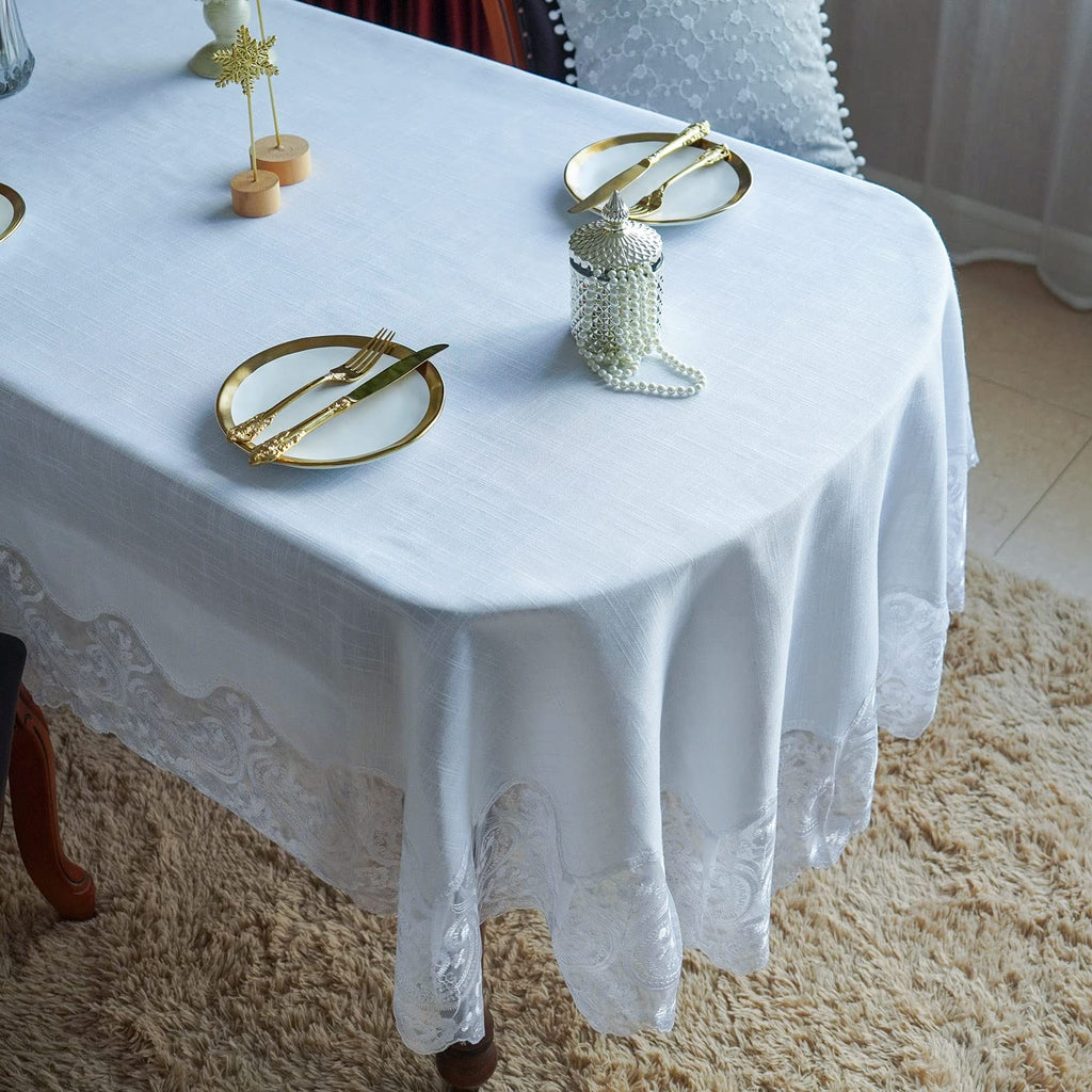 White Lace Oval Tablecloth Macrame Embroidered Modern 60 x 104 Inch