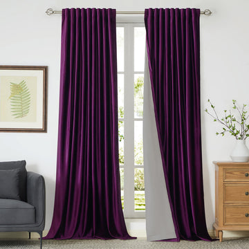 100% Full Blackout Purple Velvet Curtains 108 inch Long, Set of 2 Liner Rod Pocket Back Tab Thermal Window Curtains