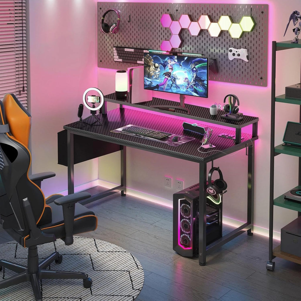 Gaming Desk with Power Outlets and LED Lights, 40 Inch Gamer Desk Table with Charging Station, Home Office Computer