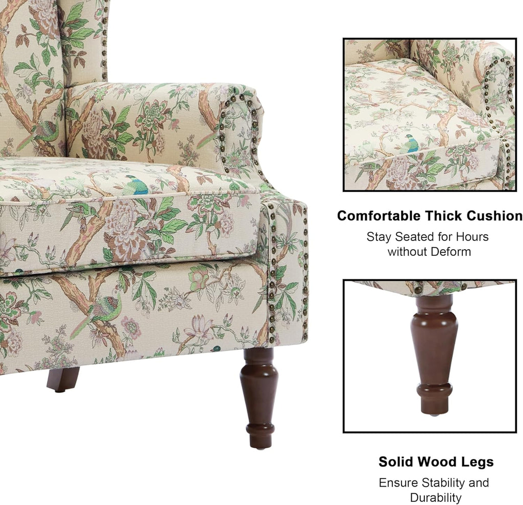 Wingback Accent Chair with Wood Legs, Bird, Set of 1 | High Back with Side Wings | Armrest Nailhead Trim | Solid Wood