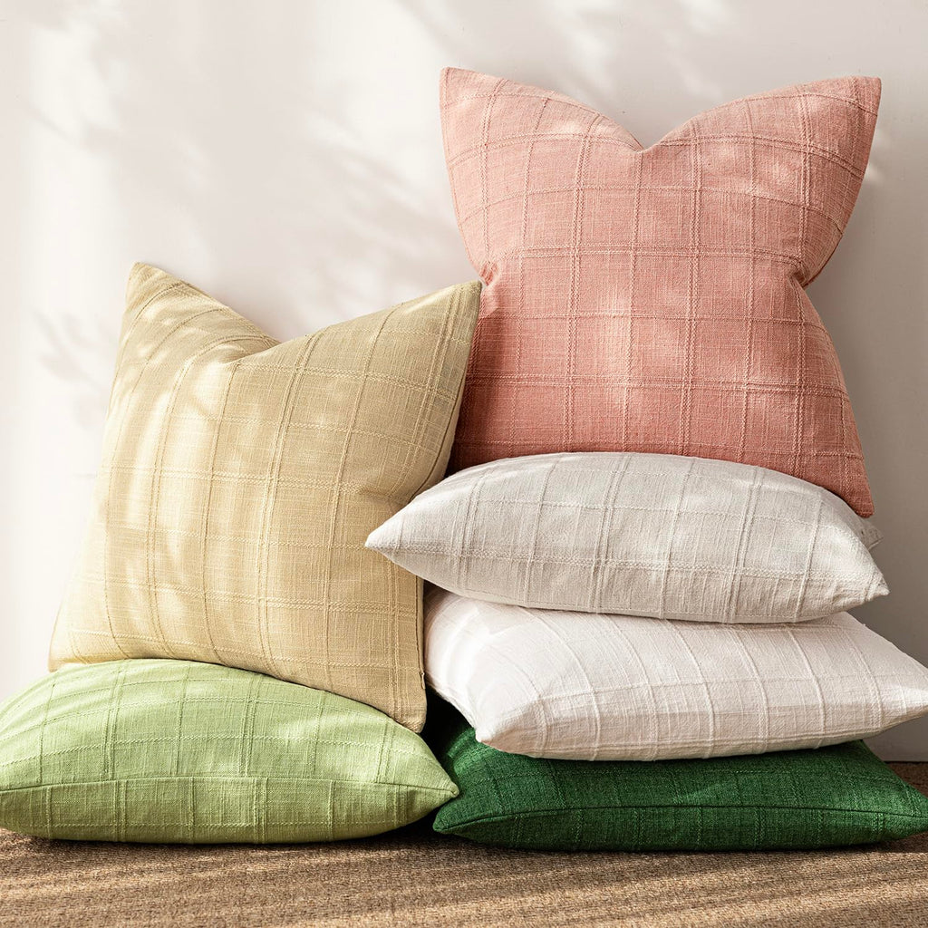 Boho Linen Check Decorative Throw Pillow Covers 22×22 Coral Pink