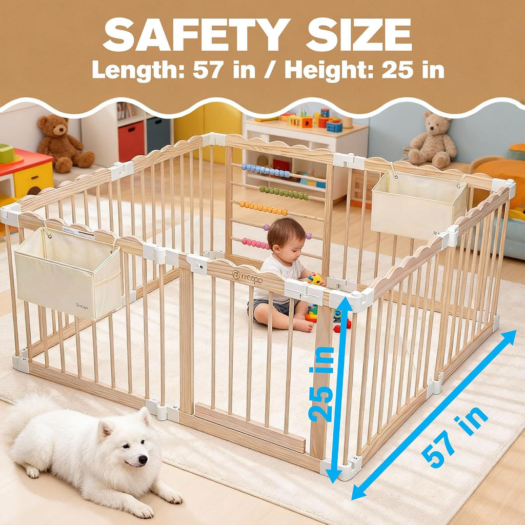 Foldable Wooden Baby Playpen, Adjustable Play Yard, 57x57x25in | Adjustable Shape & Size with 2-Pack Storage Bags