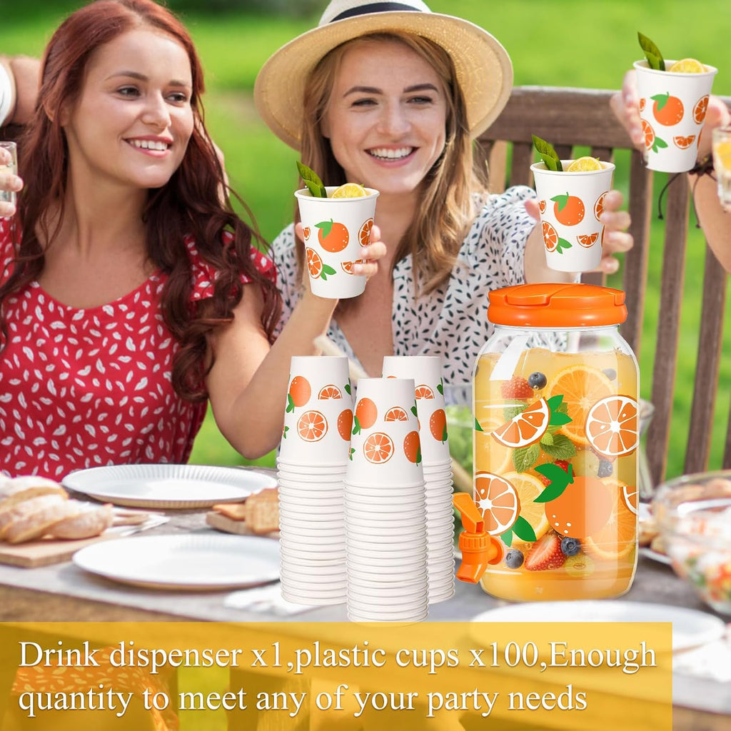 Tree Clear Plastic Drink Dispenser with 12 oz Tropical Paper Cups 1 Gallon Kitchen Fridge Beverage Dispenser - Set of 20