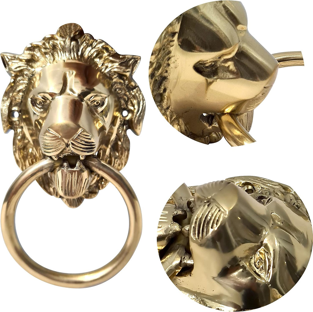 Unique Look Handcrafted Shiny Brass Polished Lion Front Face Door Knocker Home Entrance Décor Accessory Mounting