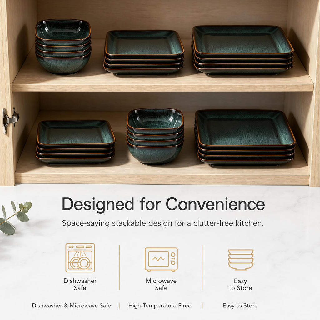 12-Piece Square Stoneware Dinnerware Sets for 4, Reactive Green Glaze