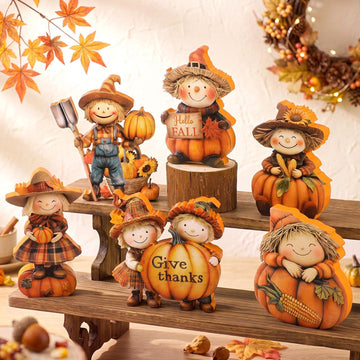 Fall Decor Wooden Scarecrow Pumpkin Figurines Rustic Autumn Harvest Tabletop Decoration for Thanksgiving - Set of 6