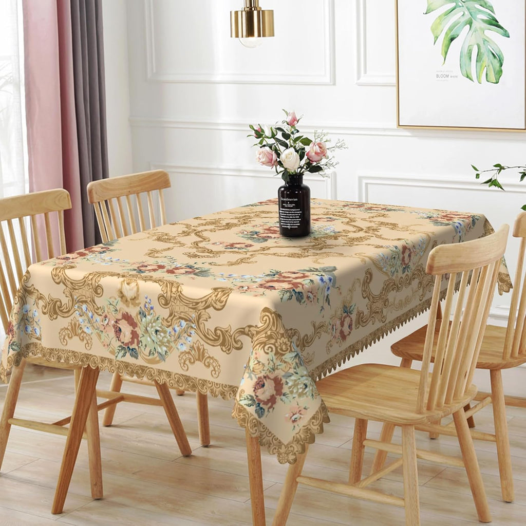 70x108inches Luxury Rectangle Tablecloth Elegant Golden Damask Pink Blue Floral Printed Fabric Table