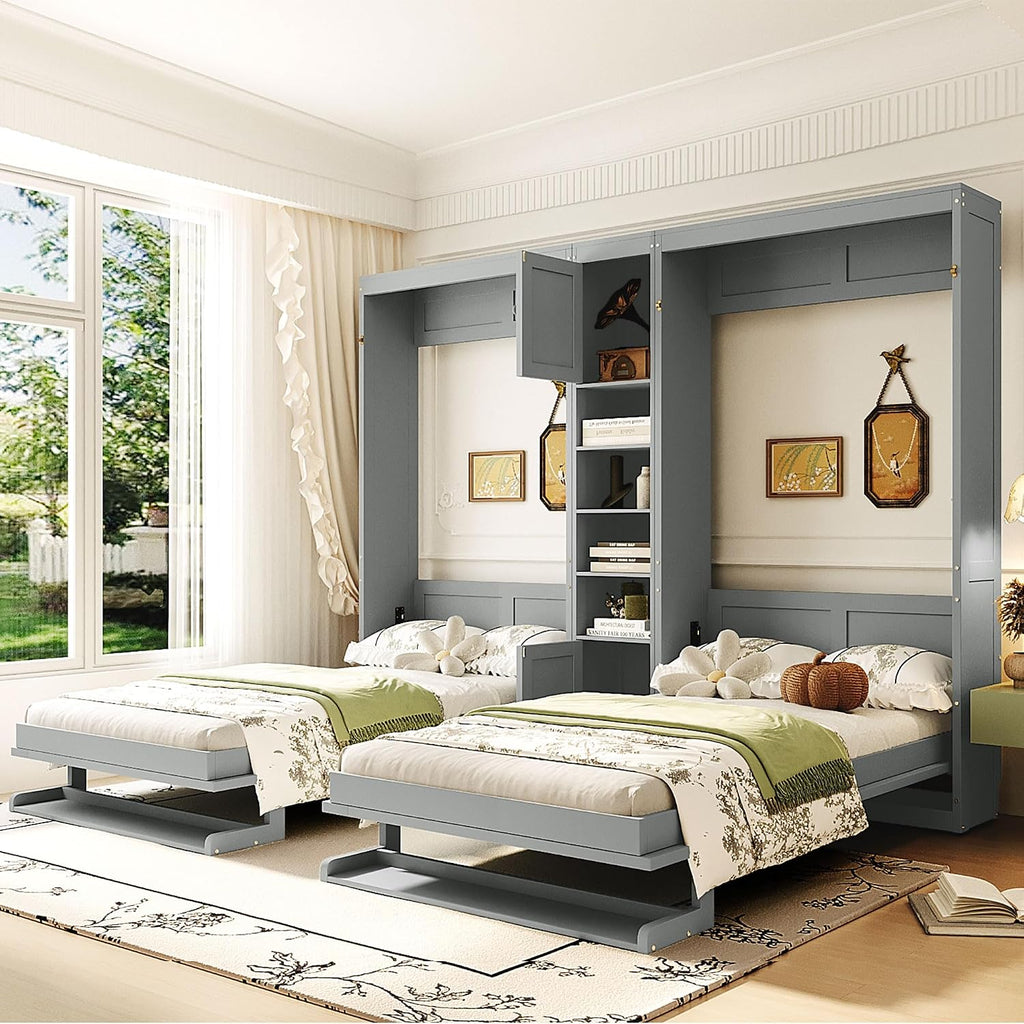 Dual Twin Murphy Beds with Storage Shelves and Cabinets, Pine Wood Space-Saving Hideaway Double Murphy Wall Beds with