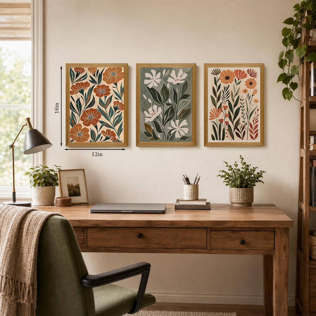 3 Piece Framed Floral Wall Art Mid Century Canvas Prints Boho Picture Decor