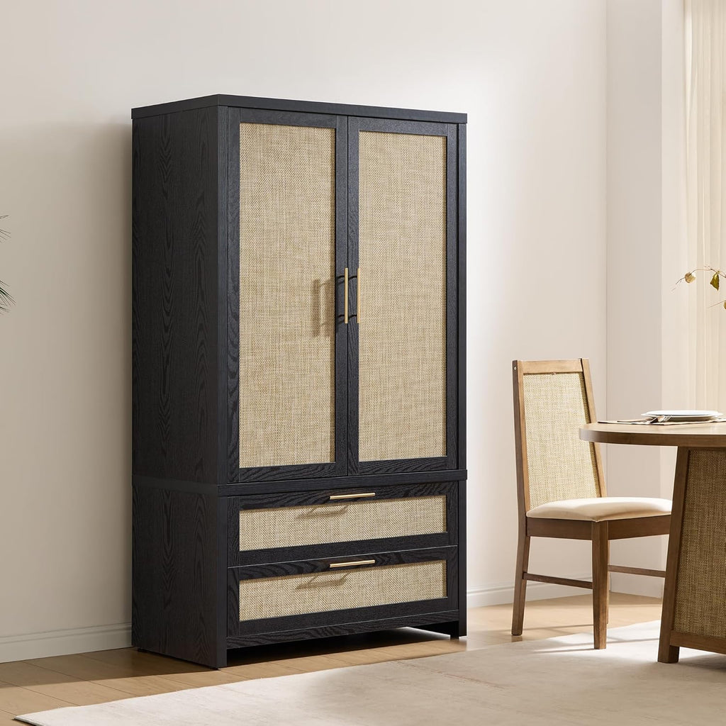 Rattan Armoire Wardrobe Closet, 71 inch Boho Wardrobe with Drawers | Farmhouse Storage Cabinet Armoire with Hanging