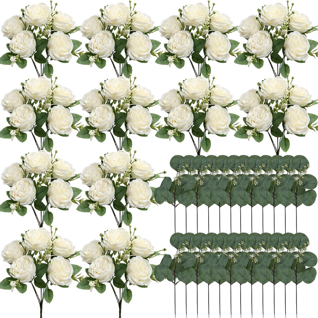 12 Bundles White Artificial Peonies Silk Flowers Bulk