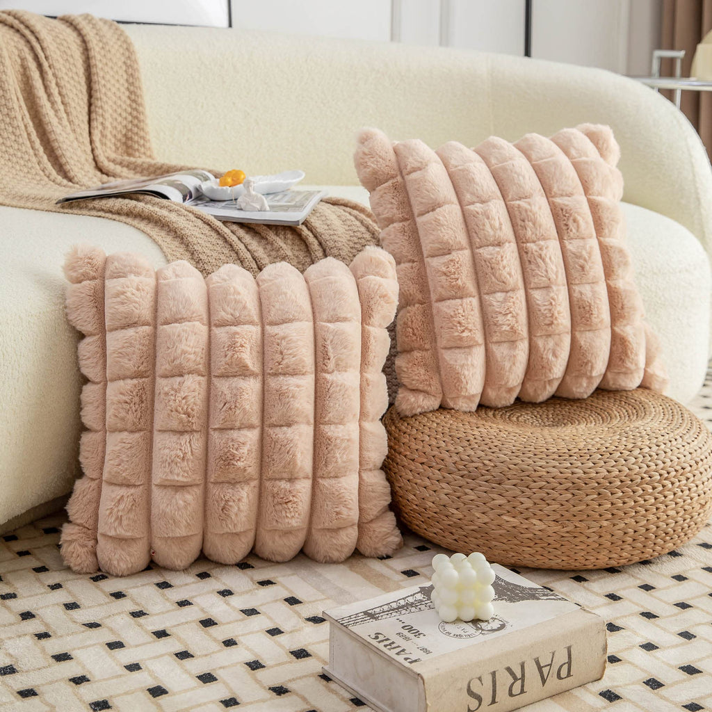 Camel Faux Fur Cozy Soft Plaid Decorative Throw Pillow Covers 16x16 inch Set of 2, Velvet Pillowcase Cushion Case for