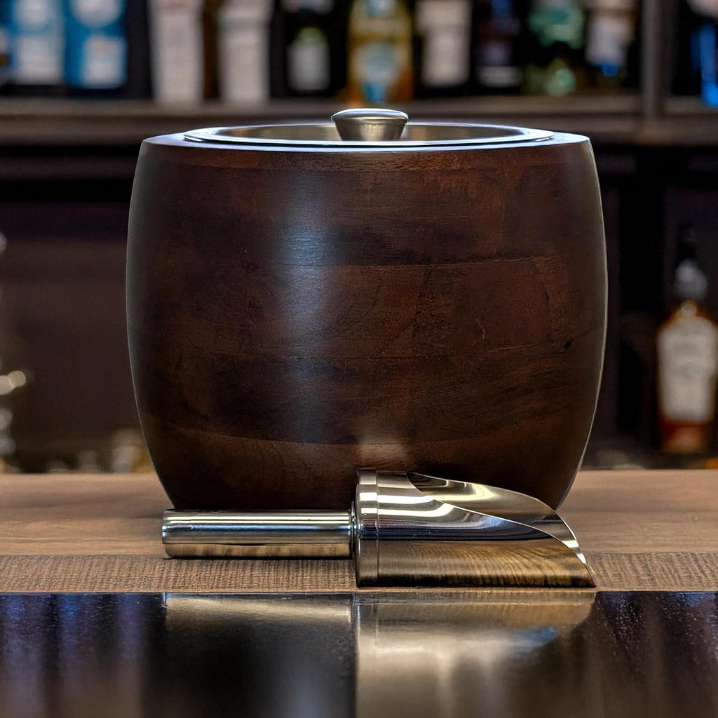 Iceberg 2.3 Quart Ice Bucket with Lid & Scoop - Mango Wood Ice Bucket with Stainless Steel Liner, Airtight Sealed