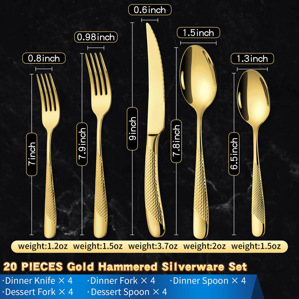 20-Piece Hammered Gold Silverware Set for 4,18/10 Stainless Steel Flatware Set with Serrated Forged Knives,Heavy Duty