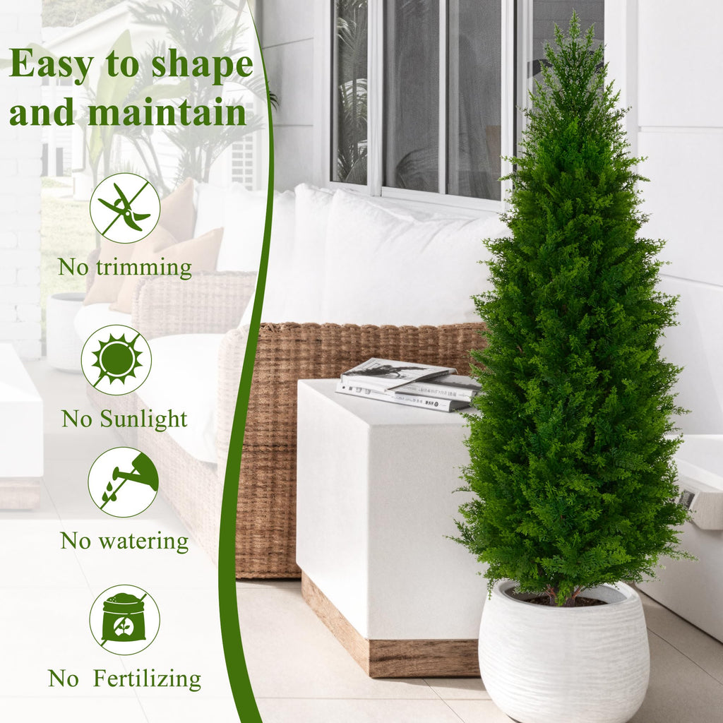 4 Ft Artificial Cedar Topiary Trees 2 Pack, UV Resistant Potted Faux Cypress Shrubs with Extra Dense Foliage for